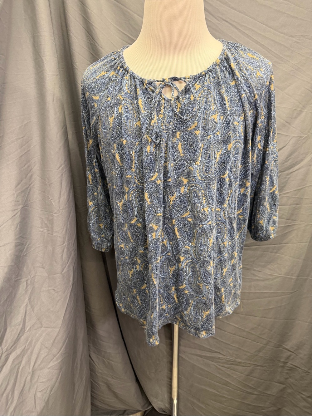 Lands' End Blue Paisley Tie-Front Peasant Blouse